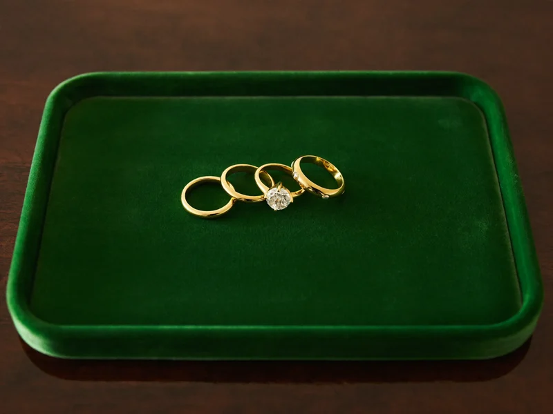 Fedi in oro e anello solitario su un vassoio di velluto verde
