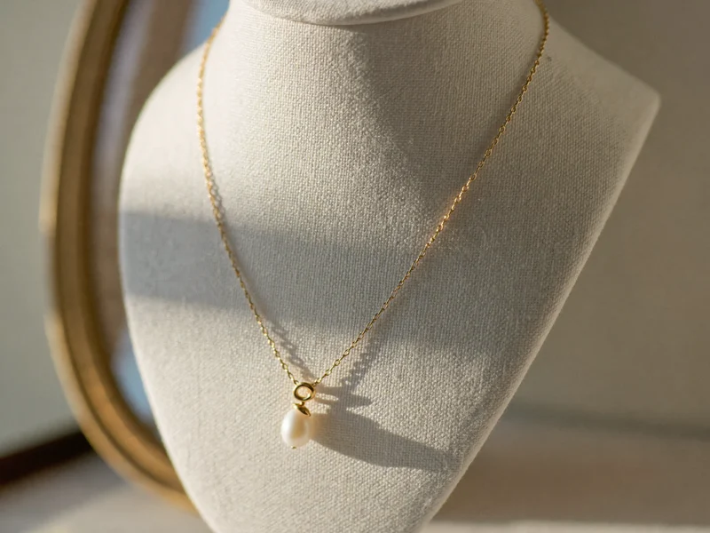 Collana in oro con piccolo ciondolo di perla su un busto in lino